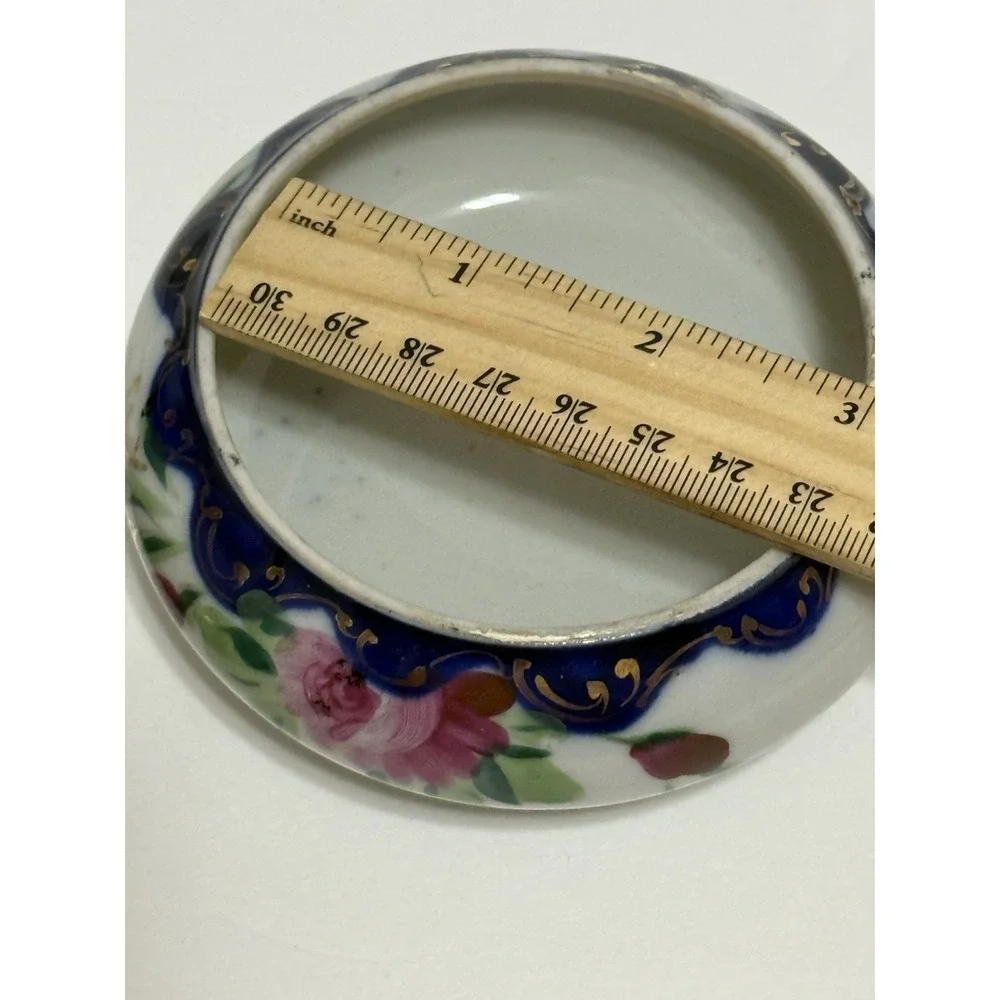 Antique Hand Painted Porcelain Hair Receiver - Cobalt Blue, Pink Gold Glit